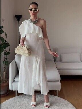 ZARA LINEN BLEND  RUFFLED MIDI DRESS WHITE SIZE M